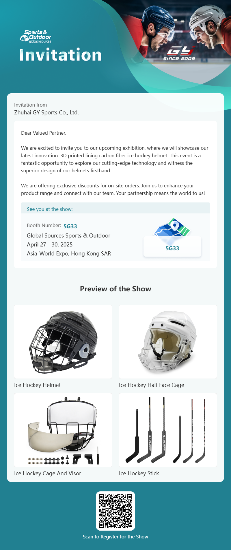 GY Global Sources Sports & Outdoor, Abril 27-30,2025, Asia-World Expo, Hong Kong SAR, Booth Number. 5G33